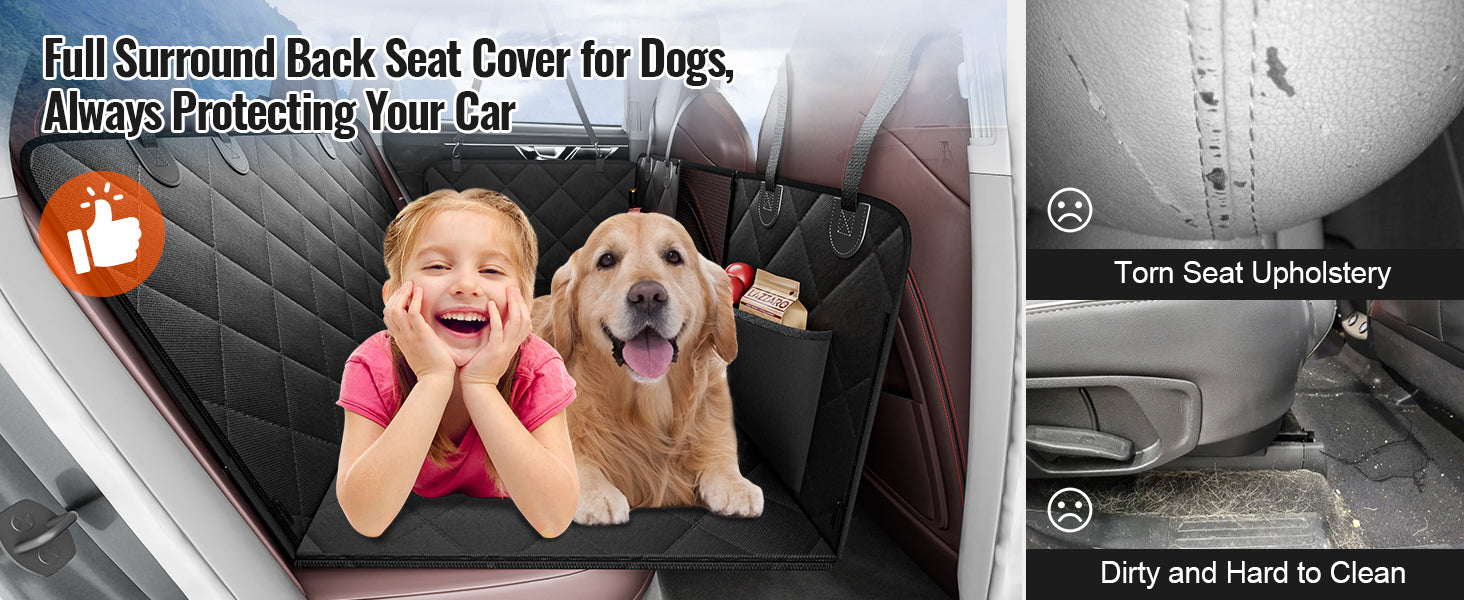 VEVOR source image showing full-surround dog backseat protection and cleaner car benefits