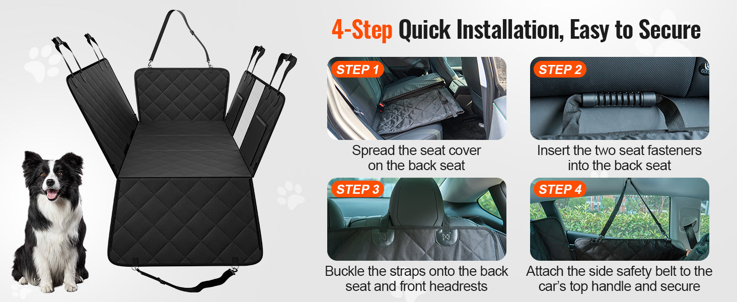 VEVOR source image showing four-step quick installation for the backseat dog extender