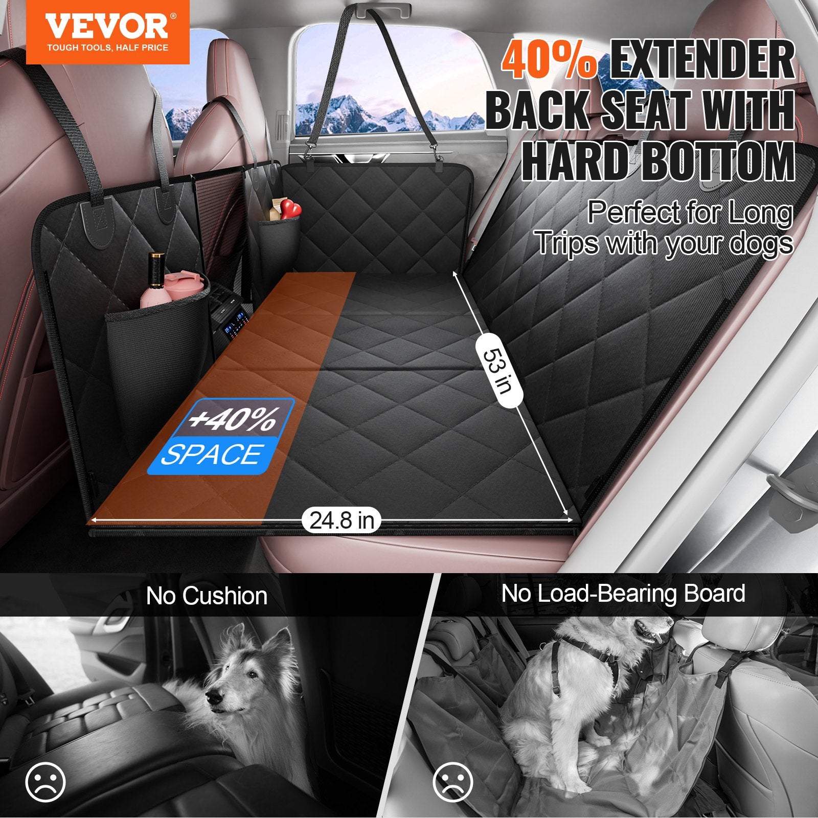 VEVOR source image showing extended hard-bottom backseat support and extra dog space