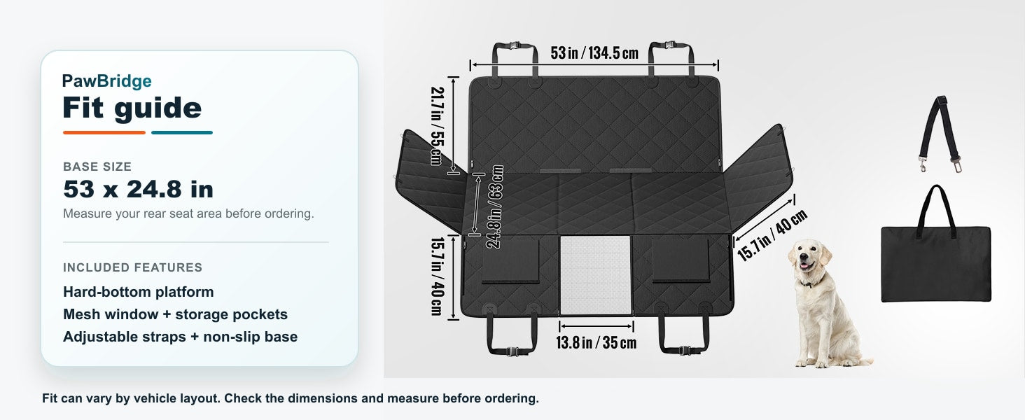 PawBridge fit dimensions and included accessories