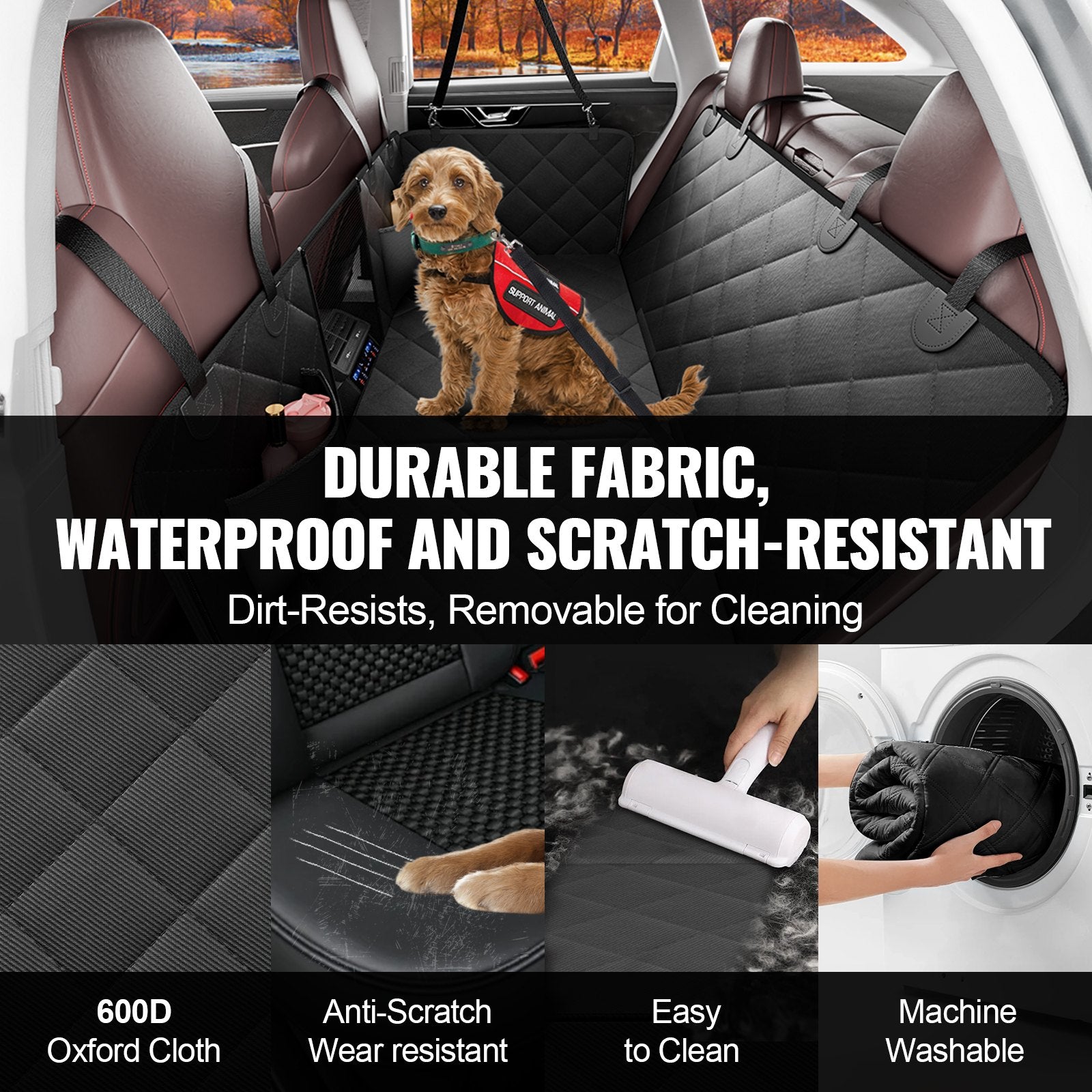PawBridge waterproof, scratch-resistant, easy-clean dog seat cover features